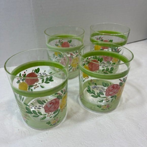 VTG Hand Painted Wide Rim Floral Drink Glasses Double Old Fashion 16oz SET OF 4 - Picture 1 of 15
